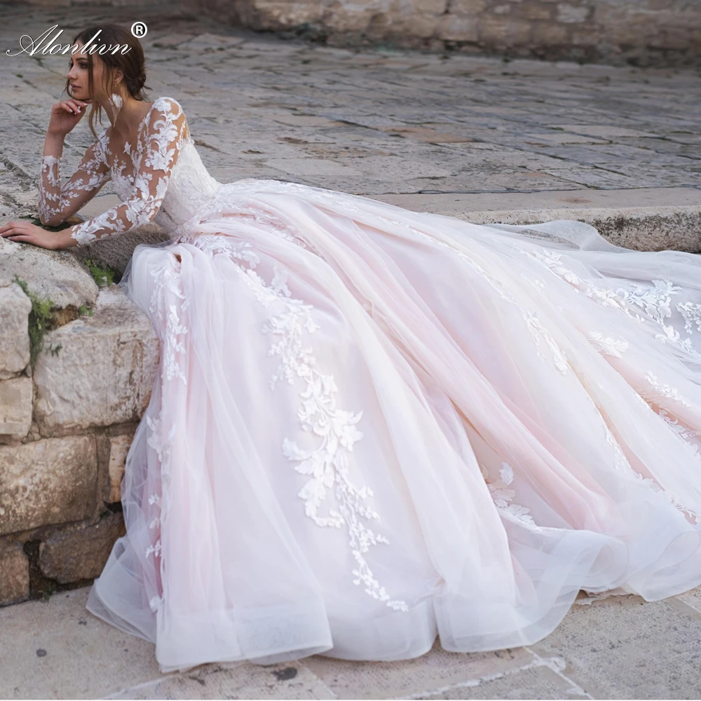 Alonlivn Gorgeous Scoop Neckline Of Candy Pink A Line Wedding Dress With Long Sleeve Buttons Closure