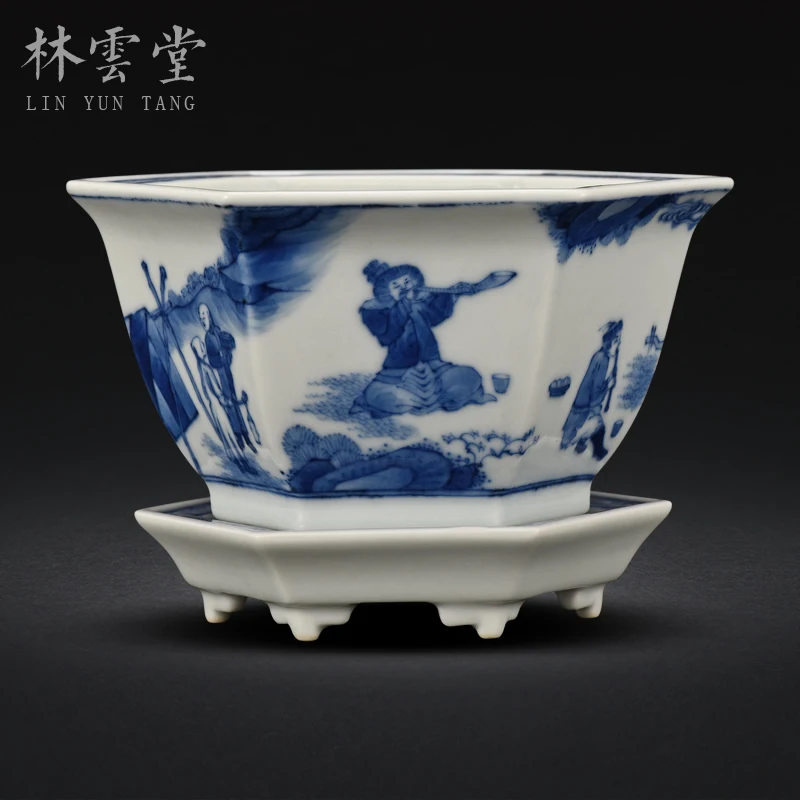 Lin Yuntang's hand painted figure playing blue and white porcelain hexagon flowerpot