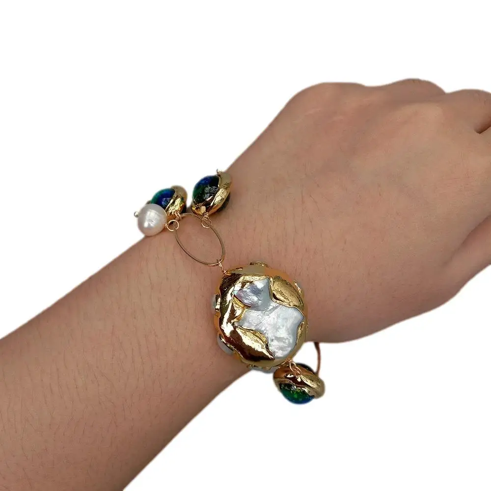 14m Blue Murano Glass White Keshi Pearl   gold plated chain Bracelet 8