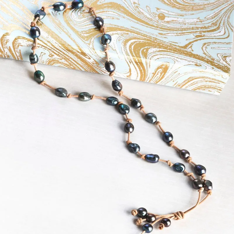 Tahitian pearls on leather long women\'s necklace pearls and leather knotted necklace,