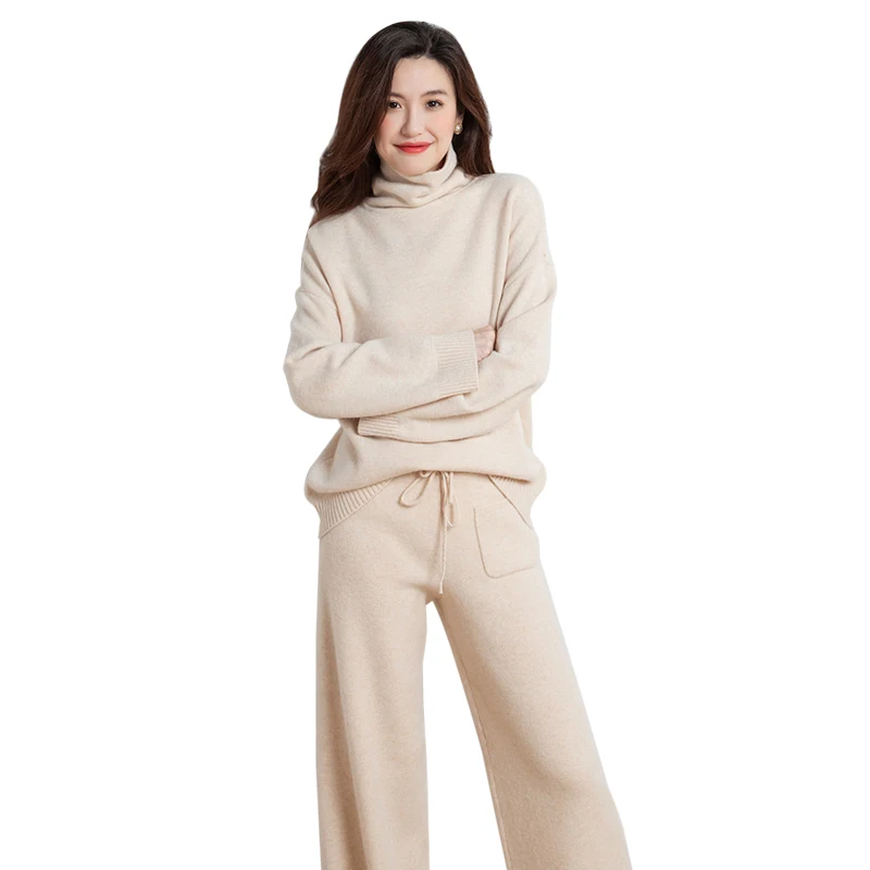 2023 autumn and winter new cashmere suit female turtleneck sweater two-piece fashion loose knitted  pure wool wide leg pants