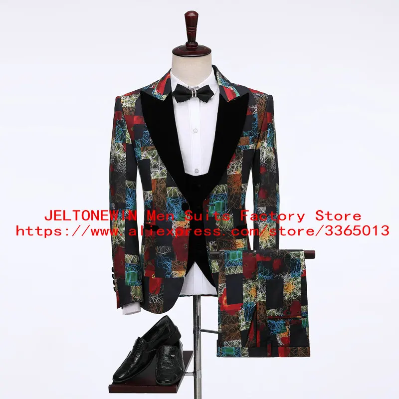 

JELTONEWIN 3 Pieces Men Suit Floral Tuxedo Dress Suit Jacket Pants Vest High Quality Prom Clothing Print Men Suits For Wedding