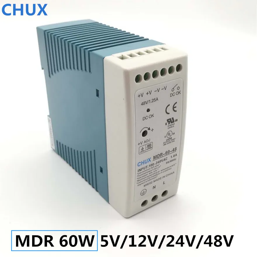 

CHUX Industry Switching Power Supply 24V 48V 12V 5v 60W Din rail type MDR60W 2.5A for cnc cctv led light SMPS 60W