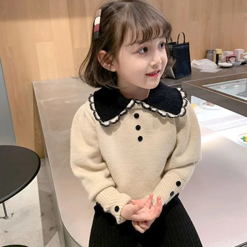 

Girl Sweater Kids Baby Toddler Tops 2022 Lapel Thicken Warm Winter Autumn Wool Knitting Cashmere Christmas Children Clothing