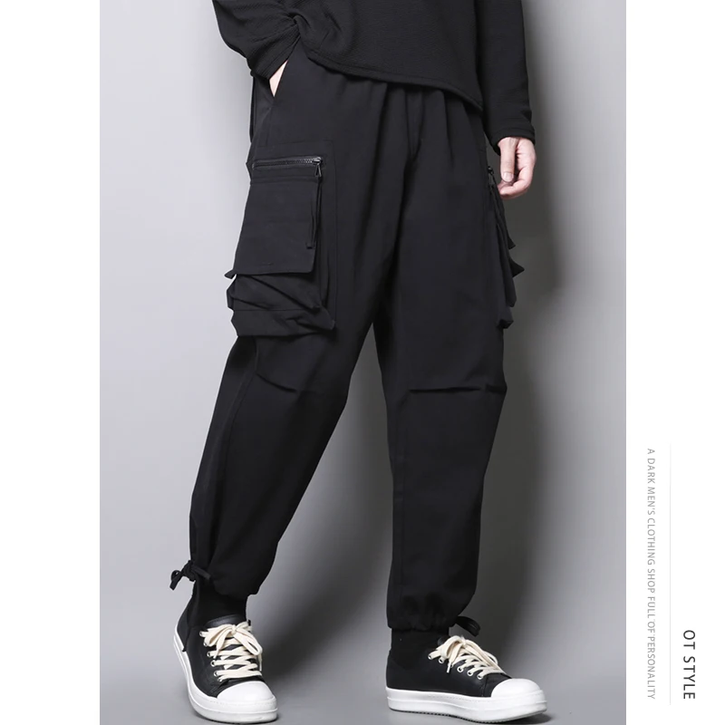 

Personality Japanese casual hip-hop straight, loose hip-hop multi-bag overalls Haren pants leg drawstring leggings men