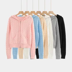 Top a maniche lunghe cardigan corti alla moda coreana maglioni lavorati a maglia da donna cerniera cardigan carino maglione con cappuccio stile preppy autunno