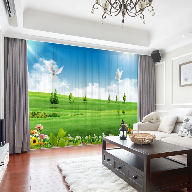 

Tulle Living Room Bedroom Curtains Blue Prairie Landscape 3D Window Chiffon Curtains Drape Panel Sheer Net Curtains