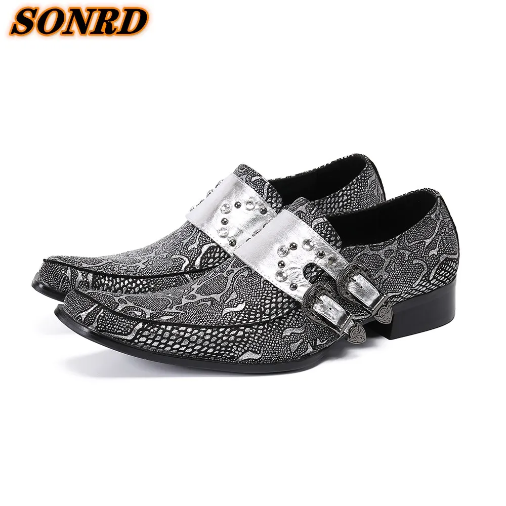 Calzado Hombre Fashion Men Genuine Leather Pointed Toe Buckle Rivet Shoes Snake Skin Man Autumn Oxford Dress Wedding Shoes