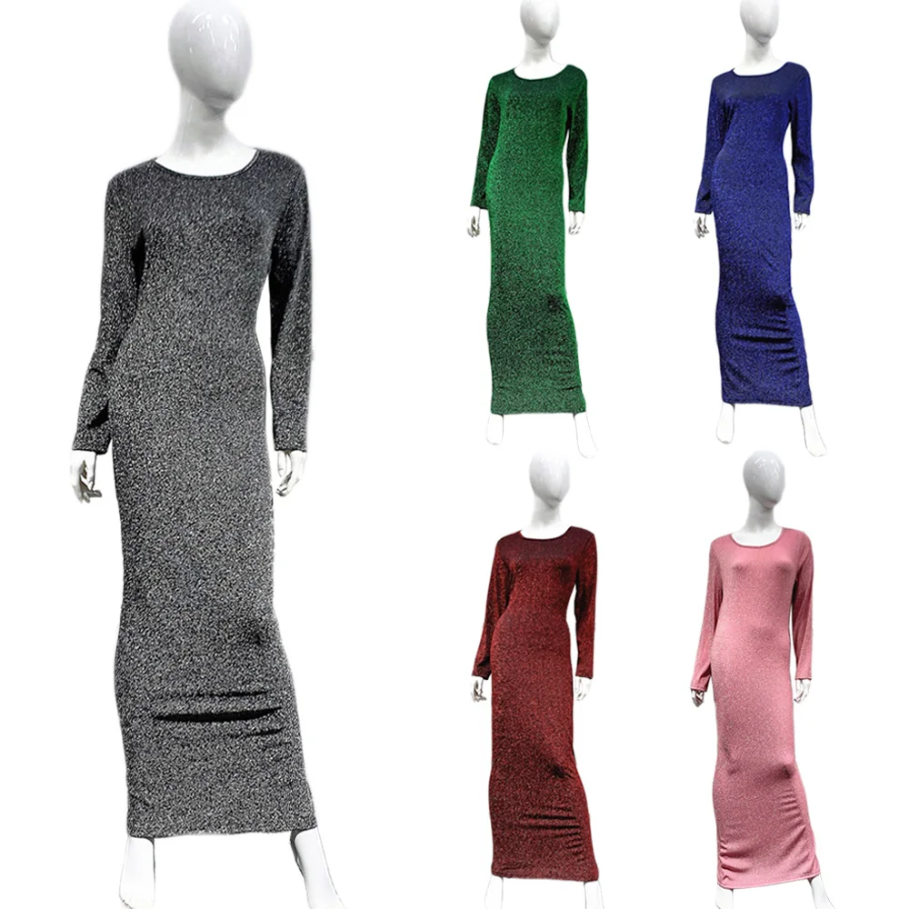 2024 Fashion Muslim Women Long Dress Bodycon Sheath Pencil Dress Stretch Islamic Arab Glitter Middle East Long Sleeve Maxi Robe