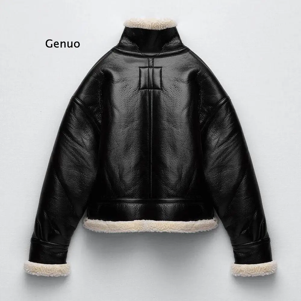 Faux Fur Leather Jacket Women Wool Coat Winter PU Leather Coat Thick Warm Parka Suede Lambswool Coat Female Motorcycle Clothing