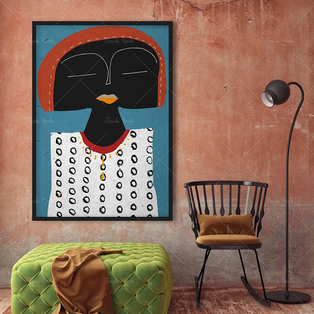 Modern Afro Woman Portrait, African Figurative Art, Abstract Set of Mama Africa and Sailing Boat, Yellow Blue Diptych, African