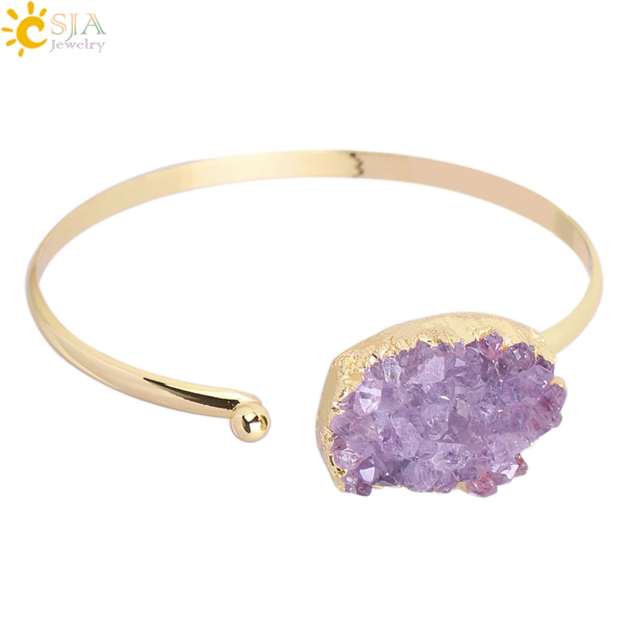 CSJA Fashion Cuff Bracelet for Women Natural Stone Purple Quartz Crystal Half Open Gold Color Bangle Any Wrist Size Jewelry F347