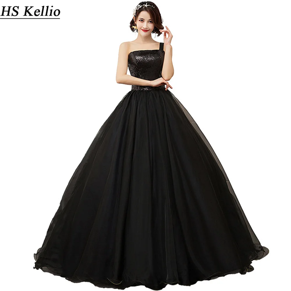 Eleganckie sukienki Quinceanera czarne jedno ramię tiulowa sukienka balowa Prom Quinceanera Vestidos