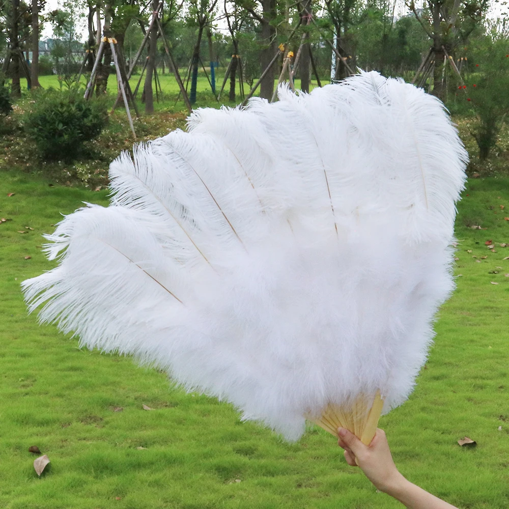 13 Bones White Large Ostrich Marabou Feathers Fan With Bamboo Staves Decorative Feather Fan Dance Stage Wedding Props