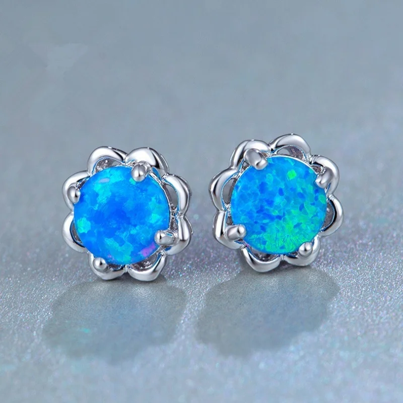 Women Earrings Fashion Blue Imitation Fire Opal Flower Stud Earrings For Women Vintage Jewelry Accessories Birthday Girl Gift image 2