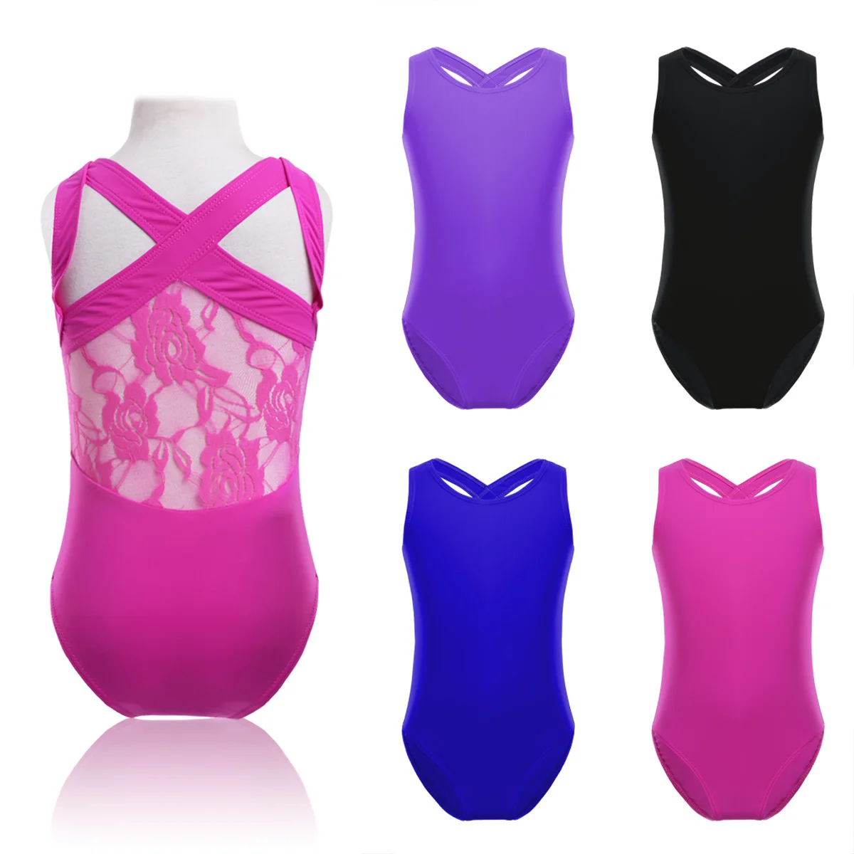 Kids Practice Dancewear Floral Lace Back Stretchy Sports Bodysuit Girls Ballet Gymnastics Leotard Competition Dance Costume