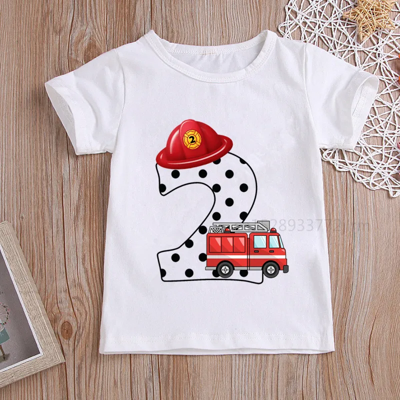 Kids Firefighter Birthday Numbers T-Shirt Children Boys Fireman Happy Birthday T Shirt Boys/Girls White T-Shirt Baby Girls Top