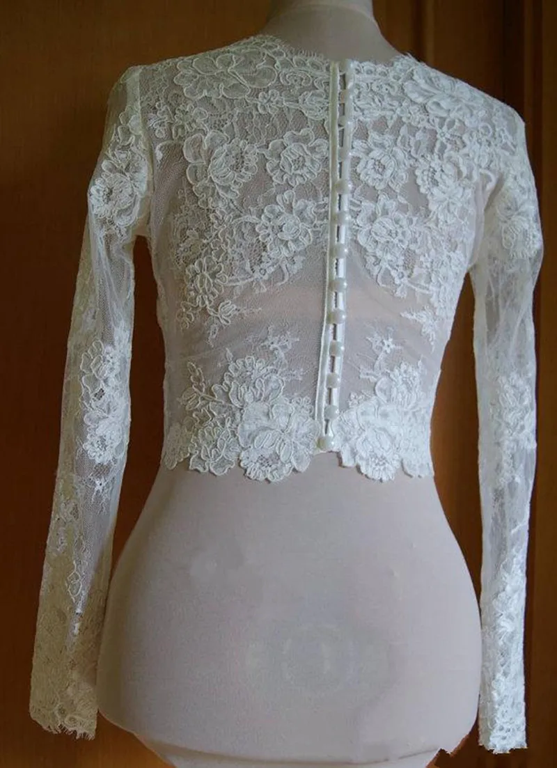 Cheap Bridal Wraps Alencon Lace Crystals V Neck Button Back Bride Bolero For Weddings Long Sleeves Lace Bridal Jacket