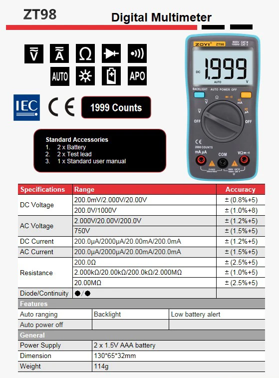 ZOYI Digitales Multimeter Amperemeter Voltmeter Widerstandsmessgerät Frequenzmesser mit Hintergrundbeleuchtung Spannungsmesser Diodentester ZT98 ZT100 ZT101 ZT102 – Detail 1