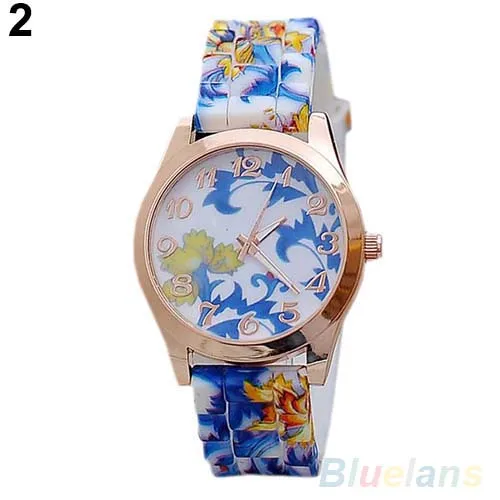 Vintage Women Watch Flower Print Silicon Band Clock Numerals Alloy Dial Quartz Wrist Watch Reloj Mujer Ladies Watch Gift