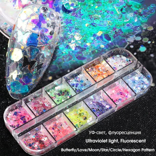 12 Grids 3D Flakes Fluorescent Nail Sequins Sparkly Paillette Nail Chunky