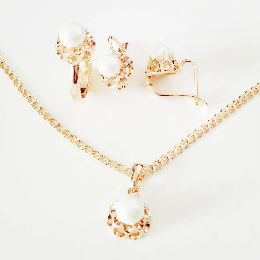 New Trendy Jewelry Set Rose 585 Gold Color Jewelry Set Fashion Women Jewelry Earring +Ring+Necklace Pearl Jewelry Sets