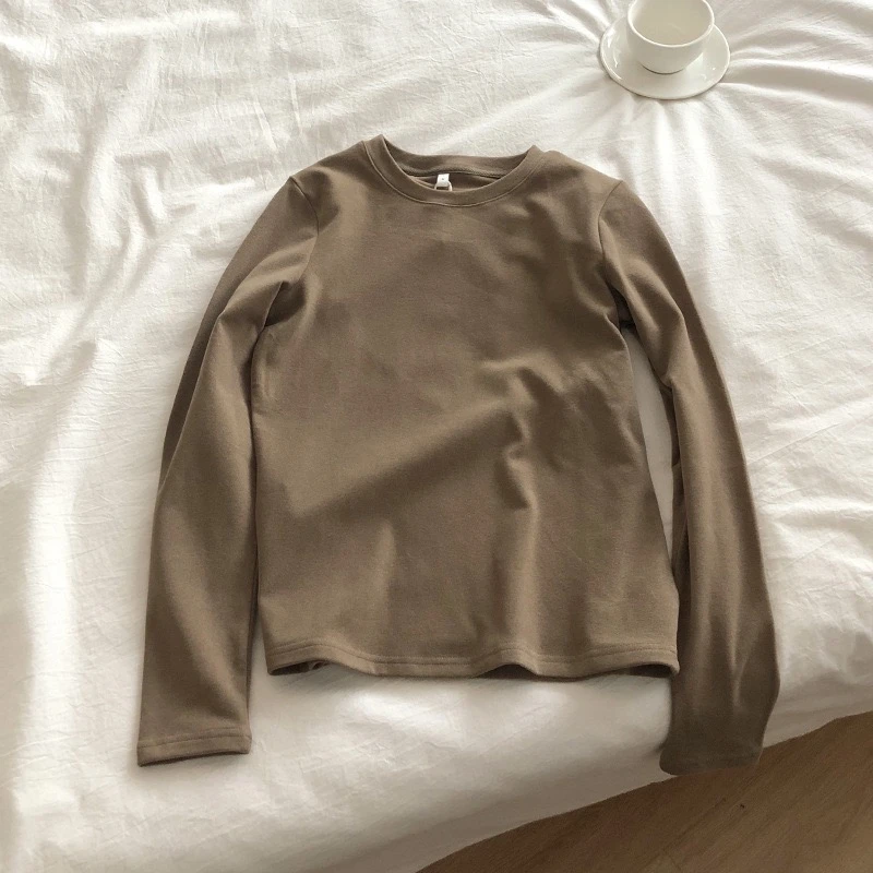 LMQ New High Quality Cotton Solid Bottoming T Shirt Women Autumn Long Sleeve O Neck Streetwear Ladies Basic Tops Thick Soft