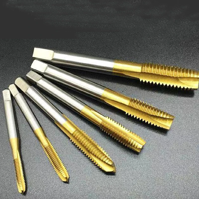 Titanium Coated High Speed Steel Spiral Point Plug Thread Screw Tap Tool Set Forward Chip Ejection Round Shank Taps and Dies