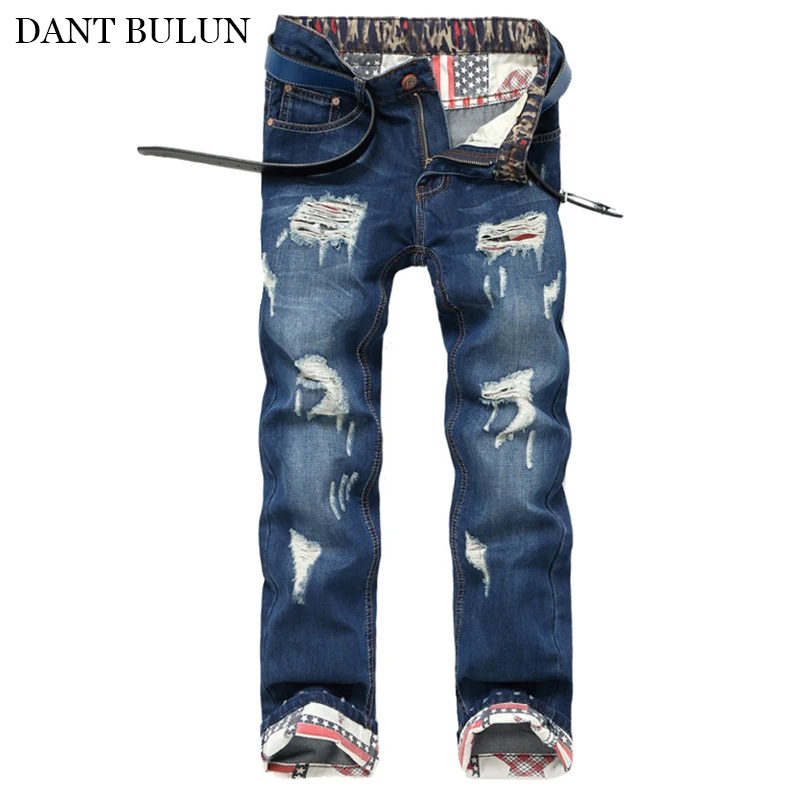 High Quality Men Jeans Slim Straight Trouser Distressed Ripped Jeans Homme  Pants Male Denim Casual Pants Summer Autumn Pants