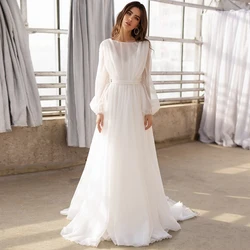 Jiayigong Modest Bridal Gowns Puff Sleeves O Neck Simple Chiffon Bride Dresses Backless A Line Sweep Train Boho Wedding Dress
