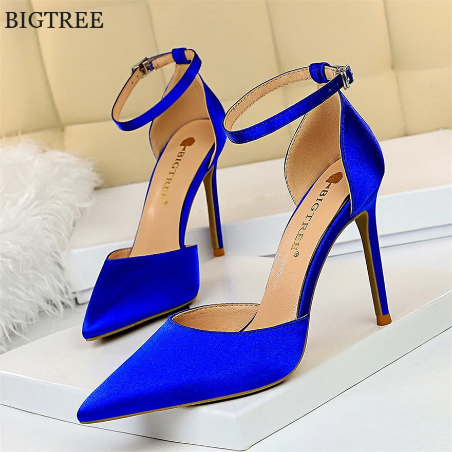 Big Size 34-43 Women Sandals 2024 Summer Solid Silk Buckle Concise High Heels Pumps Female Pointy Toe Hollow Wedding Shoes Dress