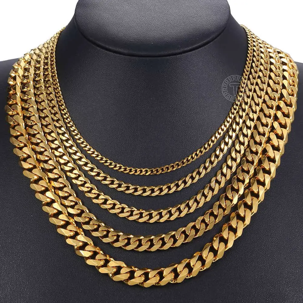 Gold Color Stainless Steel Curb Chain Necklace for Men Women 3 TO 11 MM Neck Chain Choker Vintage Jewelry