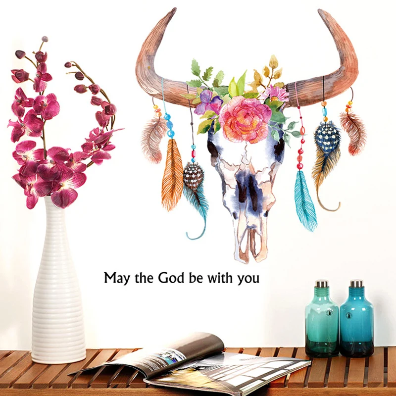 Creative Colorful  Ox Horn Feather Wall Sticker God Be with You for Room Corner Remove Vinyl Home Decoration Stickers 50*70CM