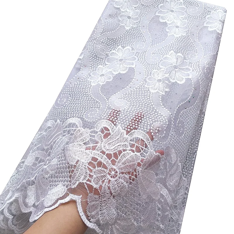 Rhinestones Embroidered Mesh African Lace Fabric 2024 Swiss High Quality White Lace Fabric 5 Yards Luxury Beaded Nigerian Lace