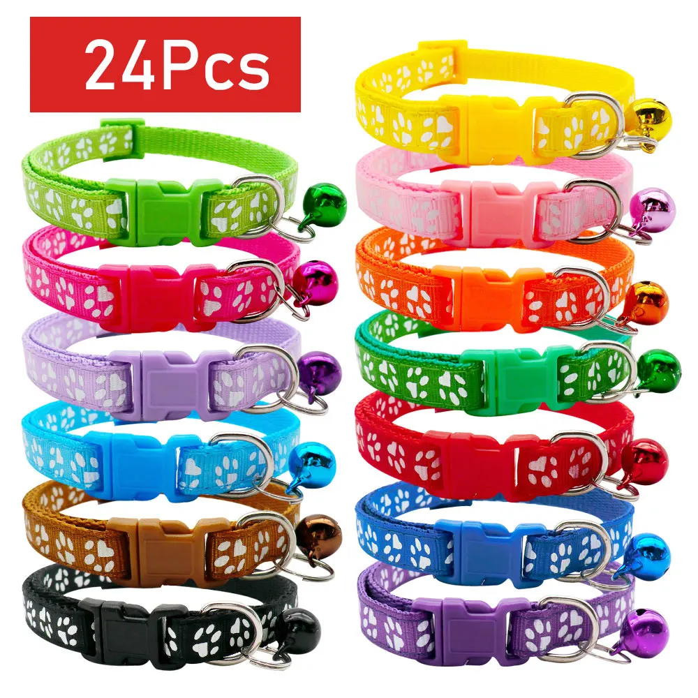 Wholesale 24Pcs Paw Cute Pet Collars Cat Dog Collar Puppy Necklace With Bell Cats Necklace Dog Collar Chain Plate Decoration