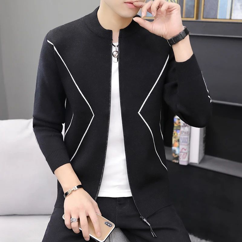 

Мужской свитер, кардиган на молнии, Новое поступление 2022, осенне-зимнее Полосатое приталенное мужское вязаное пальто, корейский стиль для мальчиков-подростков, M122