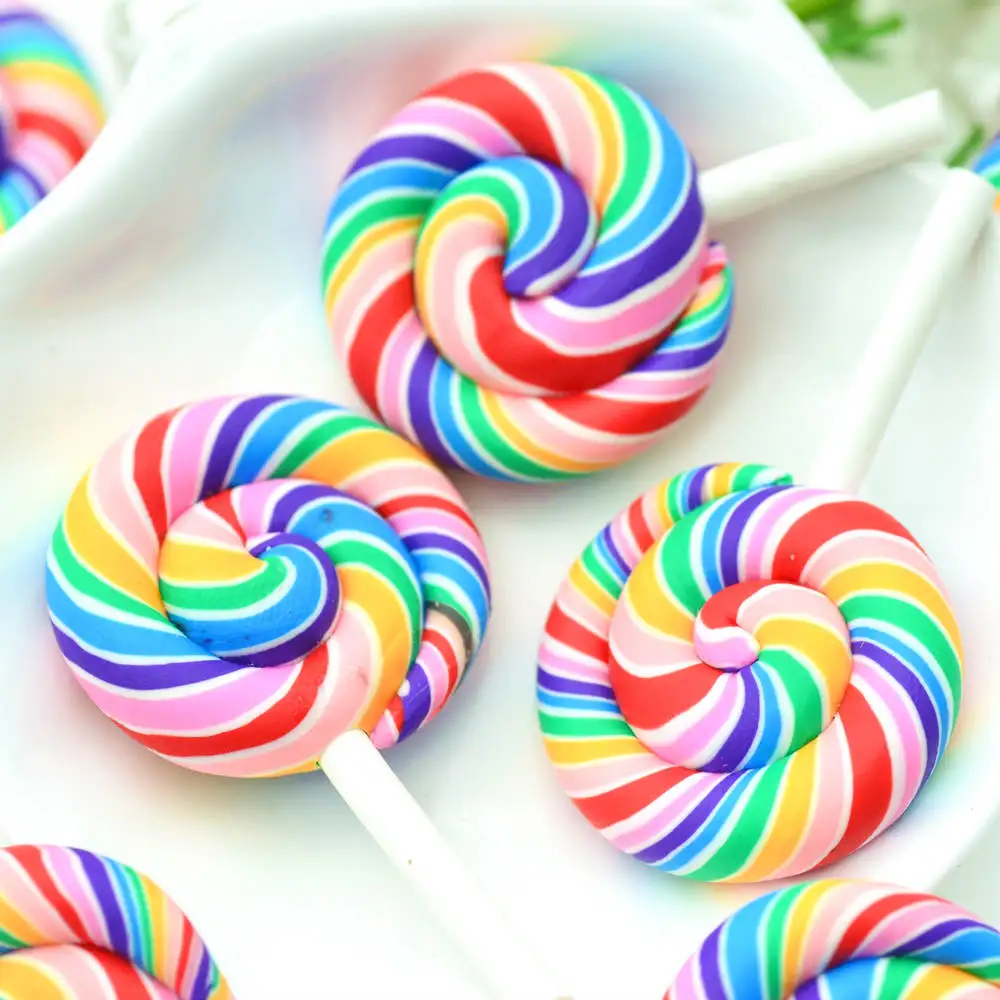 20PCS 28X47mm Polymer Clay Rainbow Color Lollipops-Dollhouse Party Decoration Candy Miniatures-Scrapbooking Lollipops