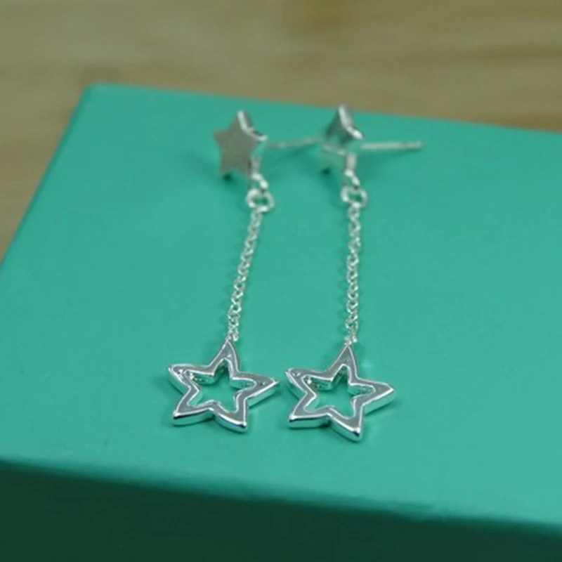 925 Sterling Silver Long Star/ Heart Stud Earrings For Woman Wedding Engagement Fashion Party Charm luxury Jewelry Best Gifts