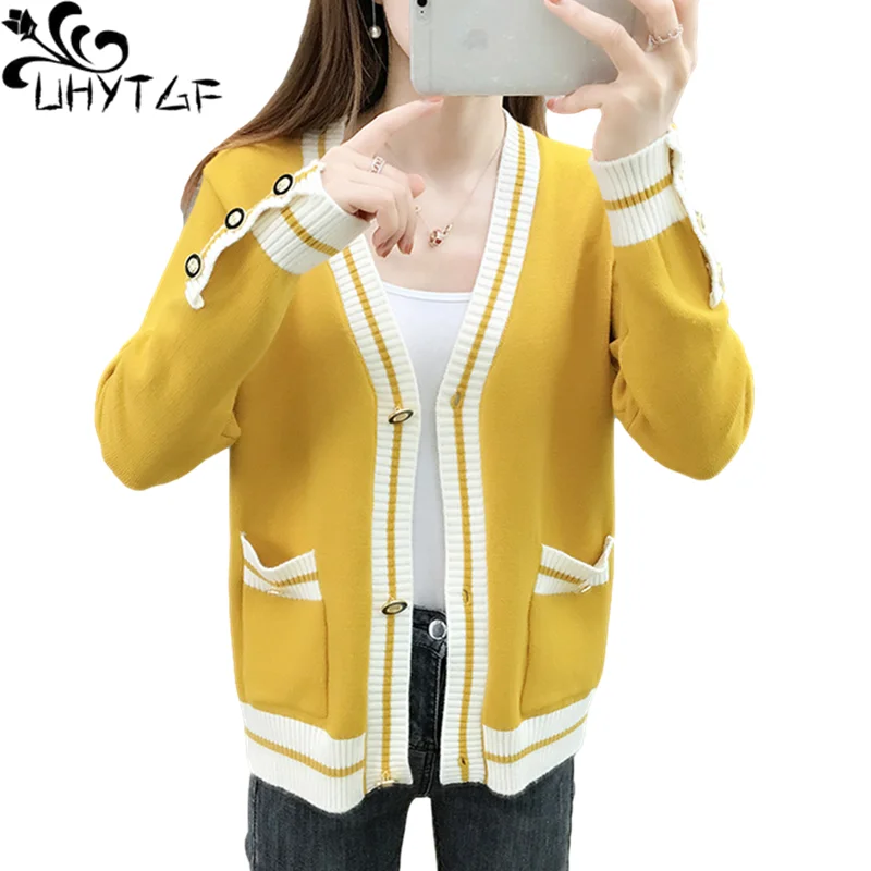 UHYTGF Women Cardigan Knitted Autumn SweaterJacket Single-Breasted V-Neck Casual Female Clothing Coat Korean Loose Size Top 1505