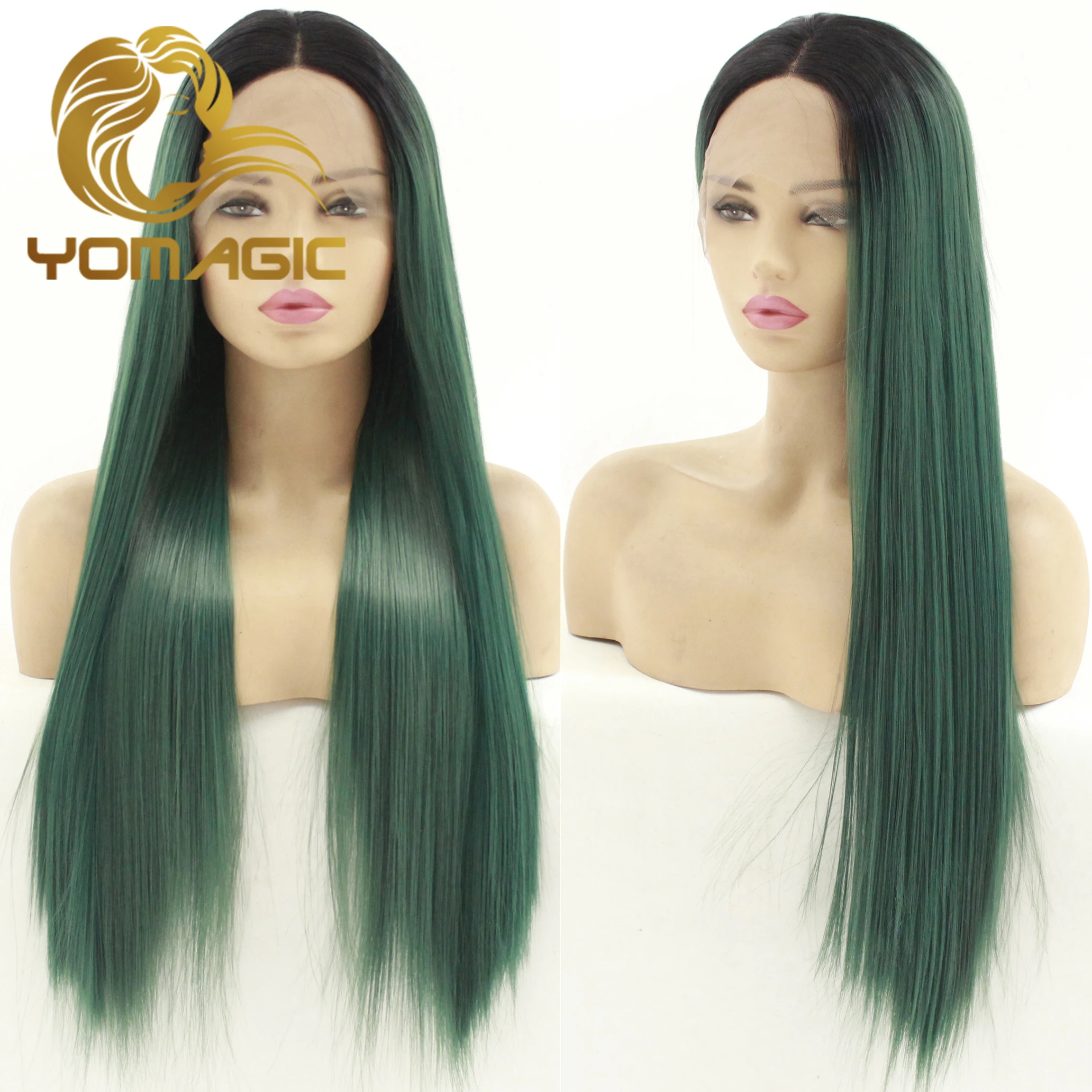 

Yomagic Green Synthetic 13X3 Lace Front Wigs With Baby Hair Straight Heat Resistant Lace Wigs For Women Pre Plucked Daily Use