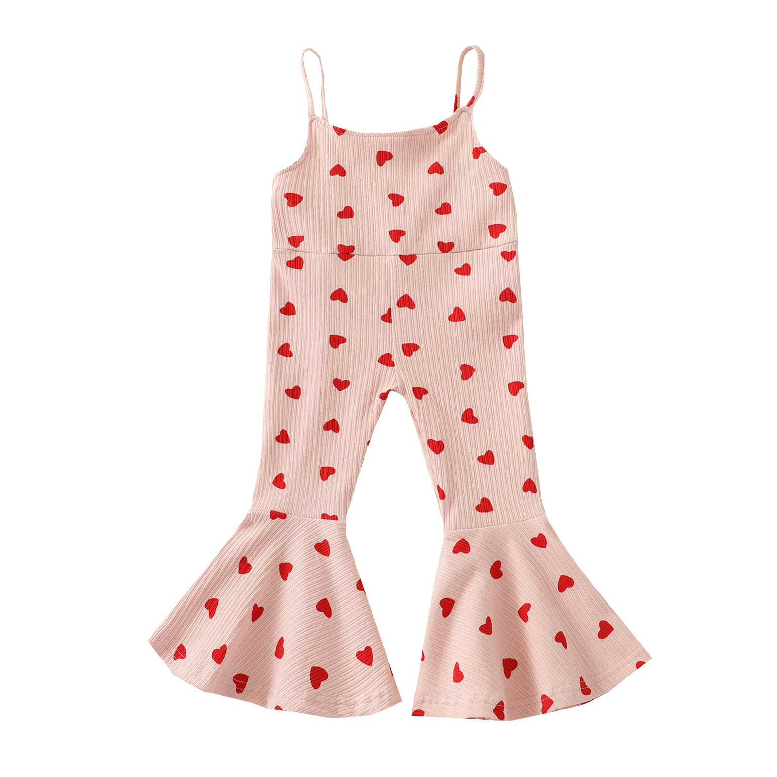 Lioraitiin 0-5Years Toddler Baby Girl Valentine's Day Romper Sleeveless O-Neck Strap Heart Printed Jumpsuit Flared Pants