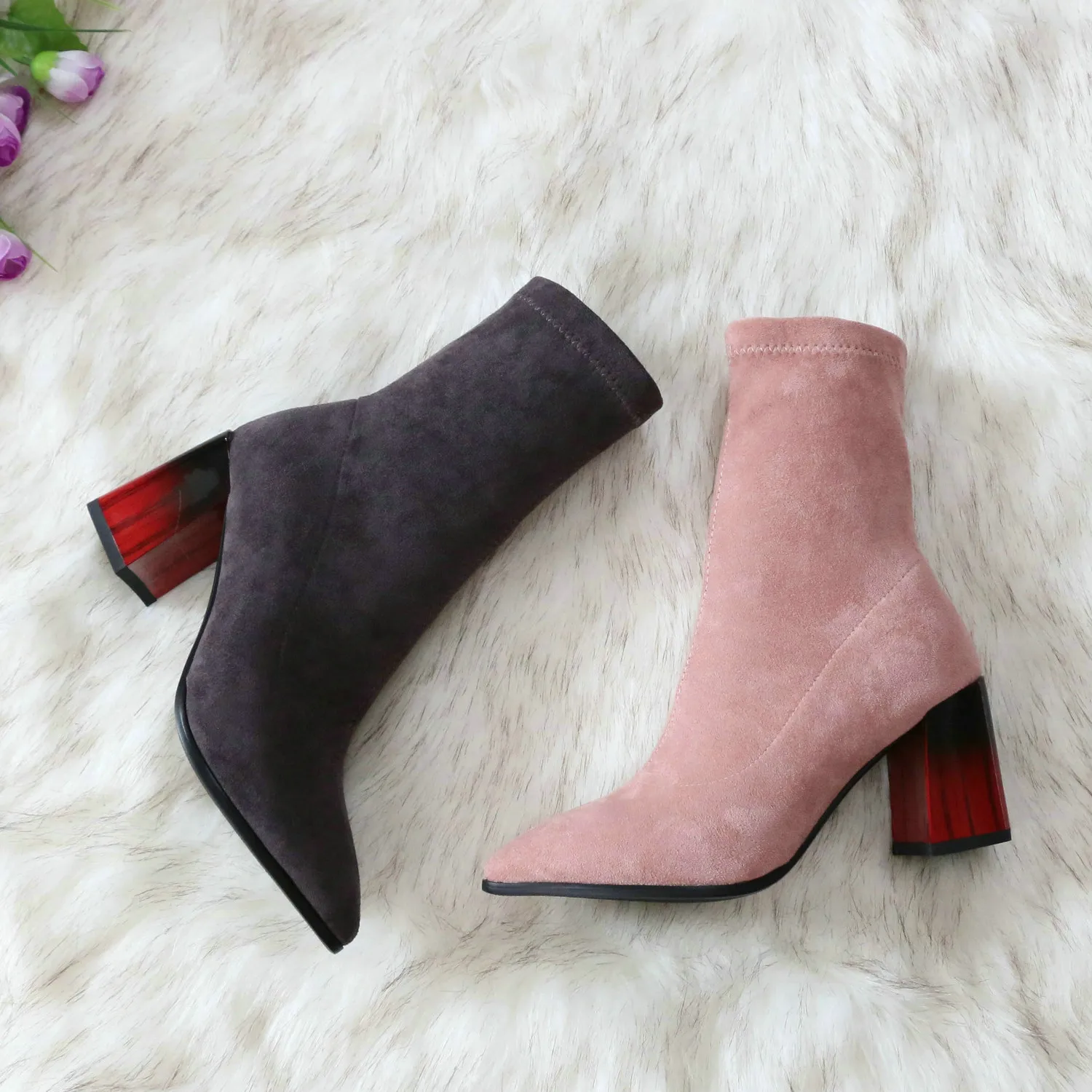 ESVEVA Pointed Toe Sexy High Heels Woman Autumn Winter Fashion Ankle Boots Elastic Flock Slip on Women Shoes Size 34-43