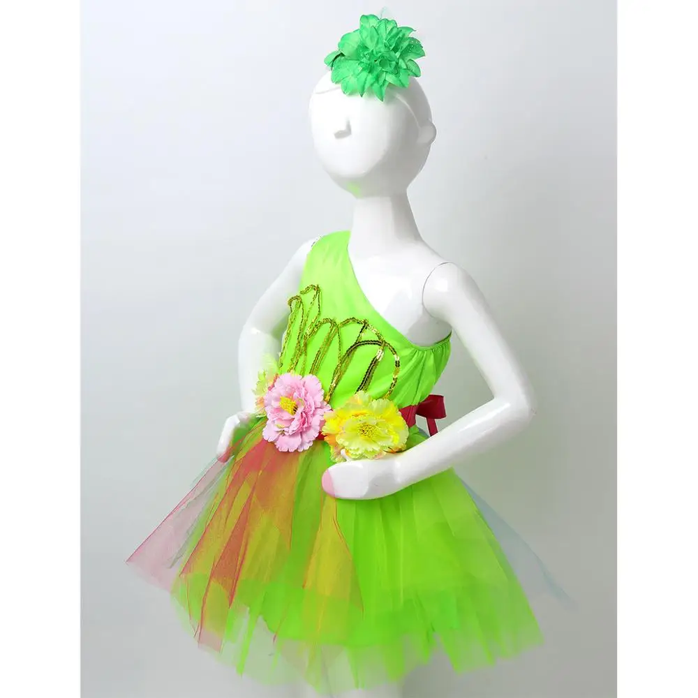 Conjunto de roupa de dança infantil para meninas, vestuário jazz latino de malha com tutu 3d de flor, vestido com prendedor de cabelo