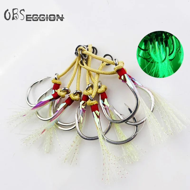 OBSESSION Carbon Steel Luminous Assist Single/Double Hook 1/0 2/0 3/0 4/0 5/0 Saltwater Fishing Slow Jigging Assist Hook Feather