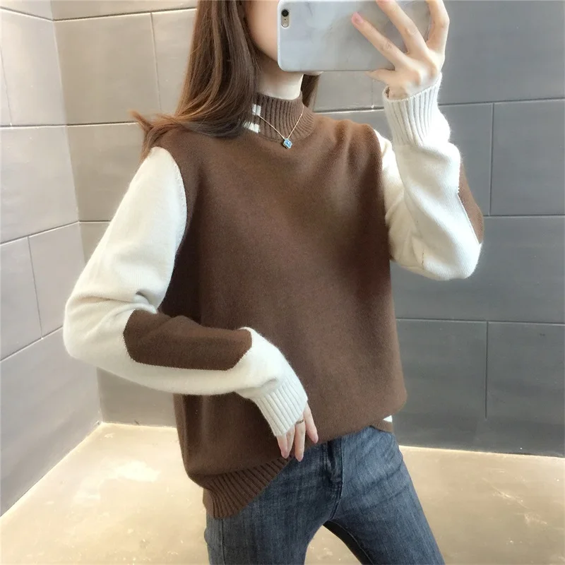 Herfst Winter Half Hoge Kraag Gebreide Trui Vrouwen Korte Trui Jumpers Dames Mode 6 Kleur Patchwork Gebreide Tops Vrouwelijke