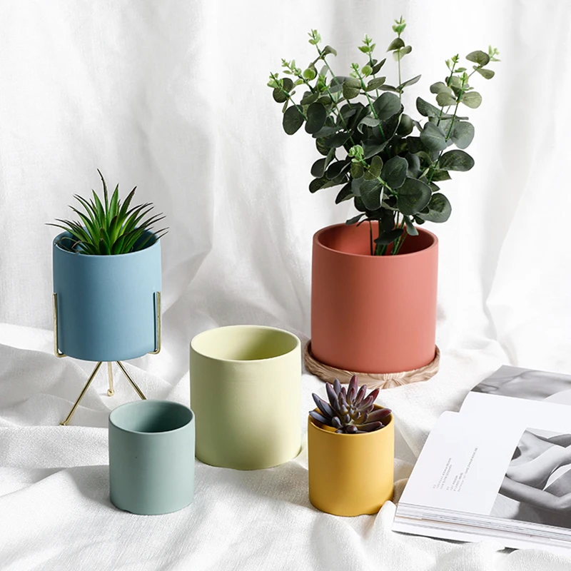 Nordic Industrial Style Colorful Ceramic Flowerpot Succulent Planter Pot With Hole Tray Green Plants Cylindrical Shape Flower