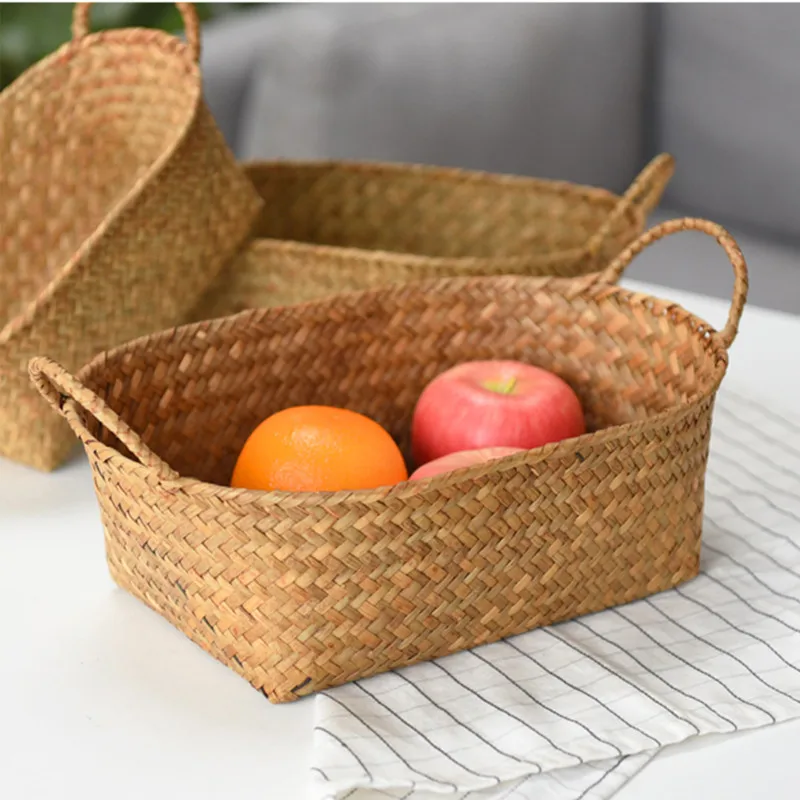 Large Seagrass Basket Straw Wicker Food Storage Box with Handle Handmade Rattan Basket for Candy Fruit Flower Sundries Decor