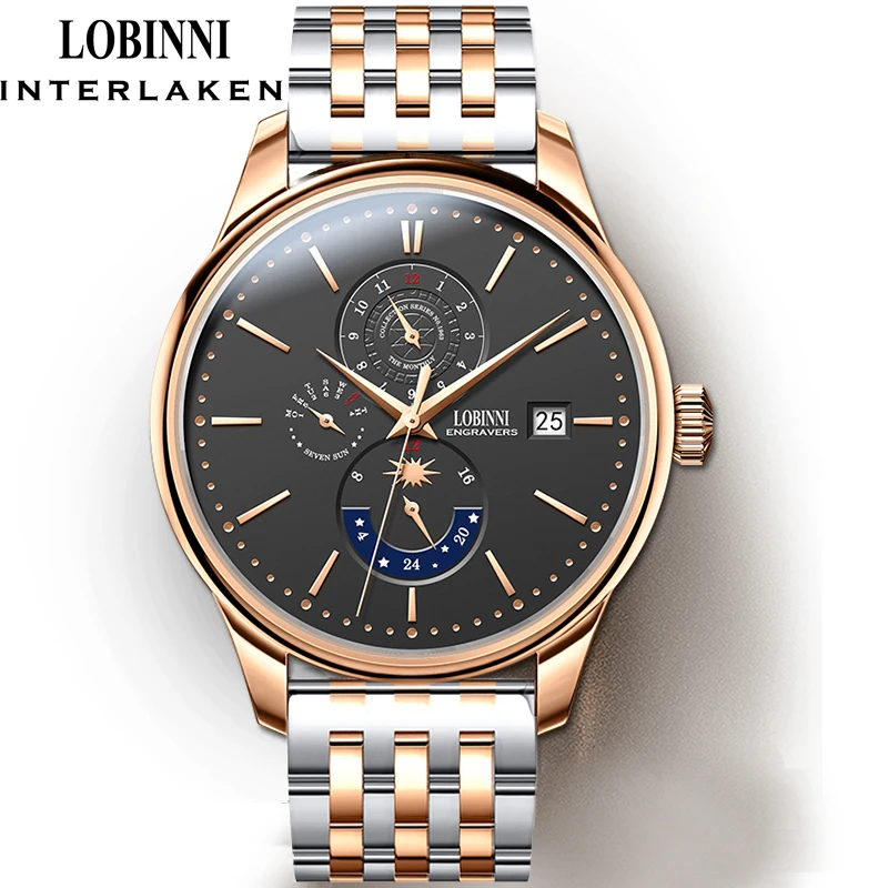 LOBINNI 316L สแตนเลสอัตโนมัติผู้ชายนาฬิกาข้อมือวันที่สัปดาห์เดือนผู้ชายนาฬิกา Sapphire กระจกกันน้ํา 50M นาฬิกา