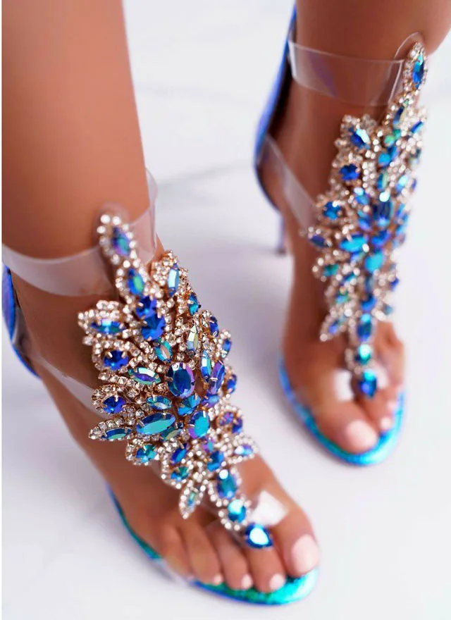 Bling Rhinestone Flower Clear PVC Sandals Transparent Strap Patchwork Peep Toe Glitter Crystal Wedding Shoe Summer Cutout Heels