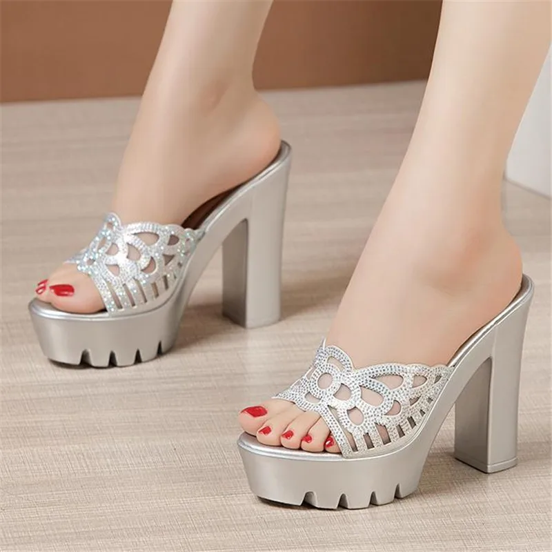 Platform Slippers Women Wedding Shoes Summer 2021 High Heels Slides Ladies Slippers Gold Black, silver Plus Size 32-43